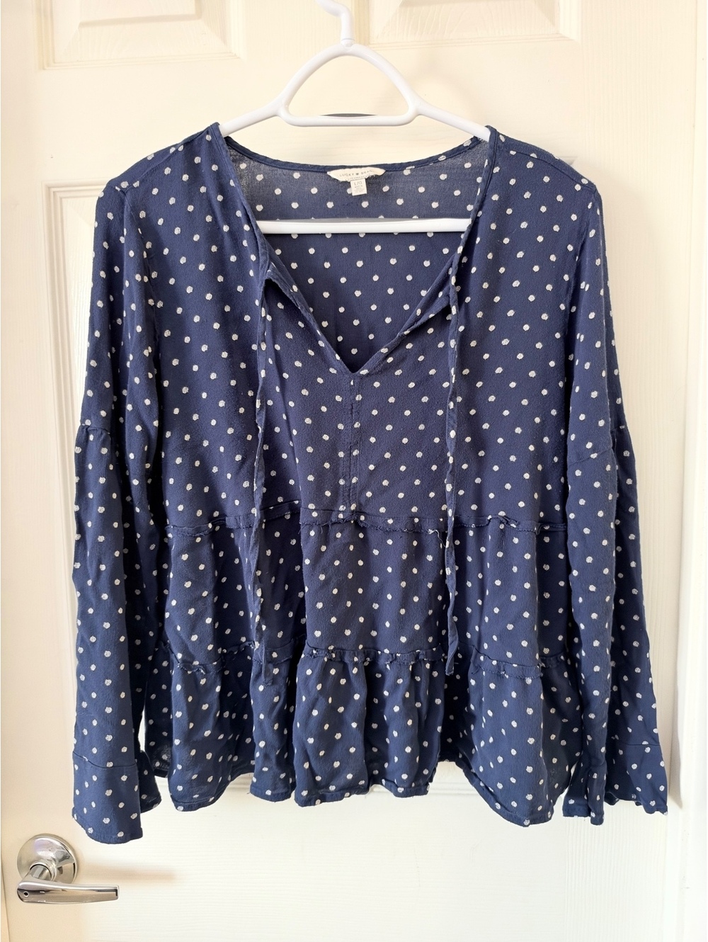 Lucky Brand Navy Blue Polka Dot Long Sleeve Peplum Top Size L